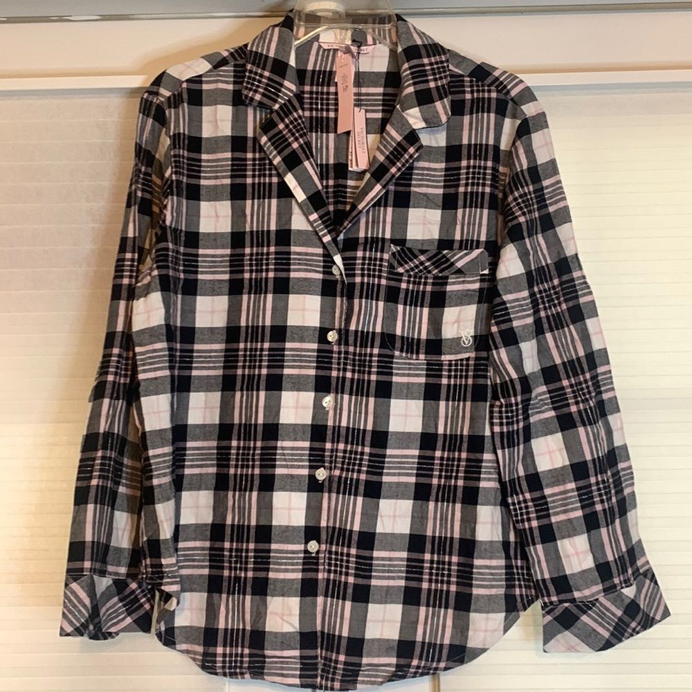Victoria’s Secret‎ Pink Black Silver Plaid Pajama Top Small New